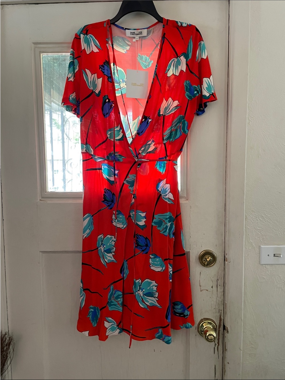 Diane von Furstenberg Red Floral Wrap Midi Dress with Teal & Blue Blooms